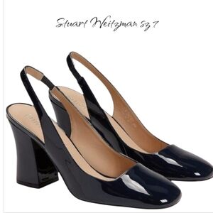 New Stuart Weitzman Curveblock 85 Slingback Pump Black Patent Size 7
